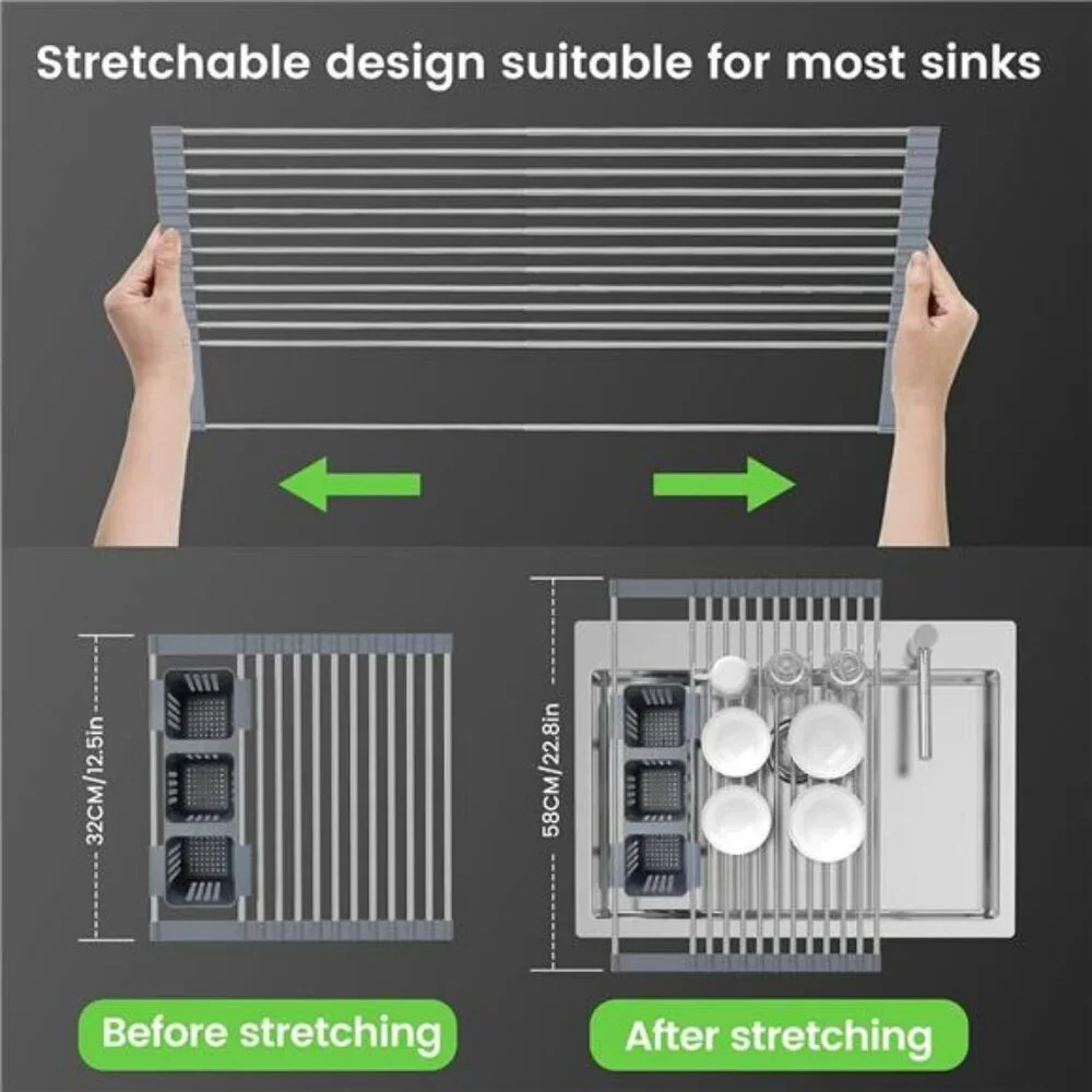expandable roll up dish drying rack over sink with storage baskets foldable stee